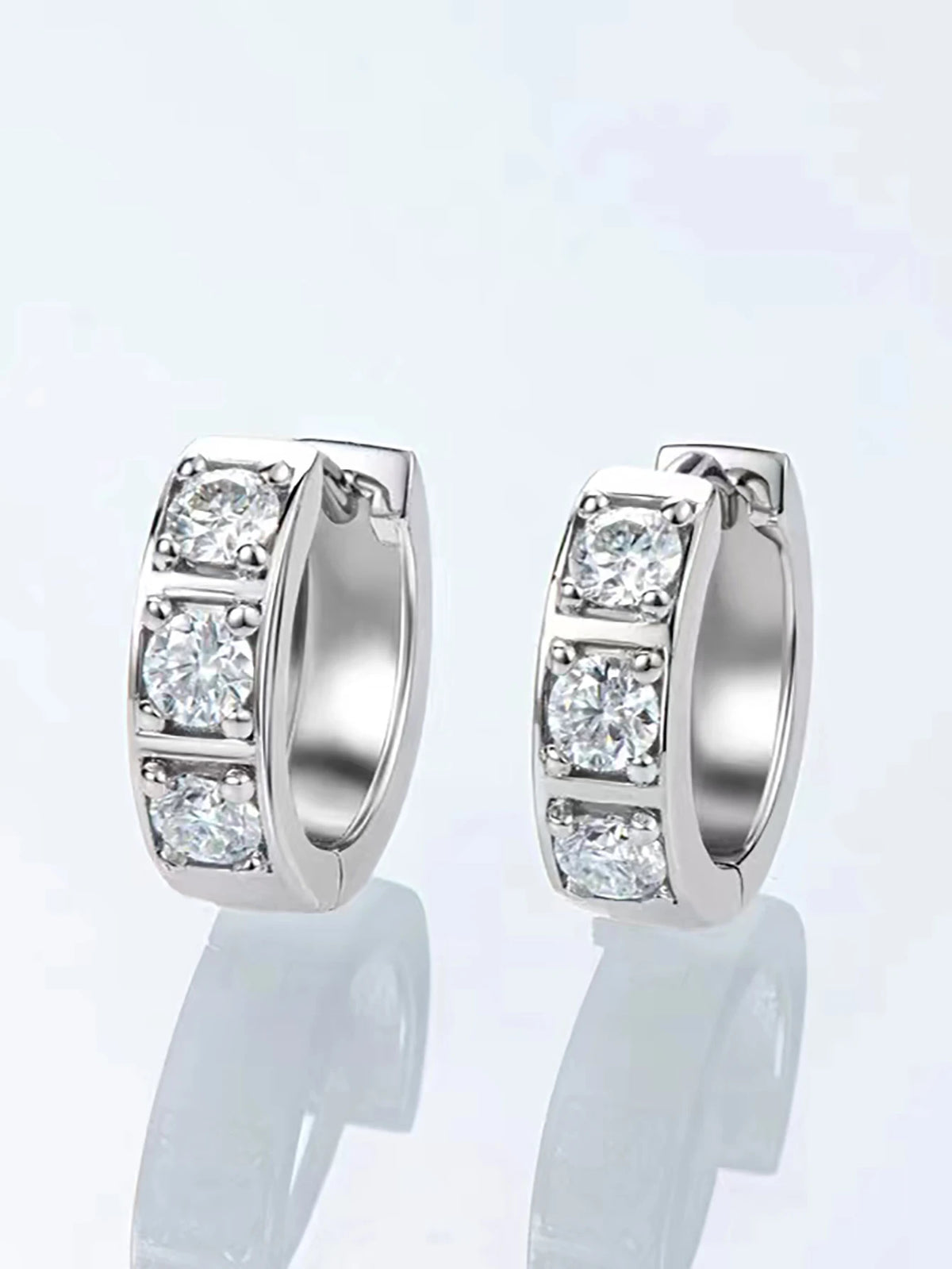 Three-Stone Moissanite Hoop Earrings in 925 Sterling Silver — White stone pair