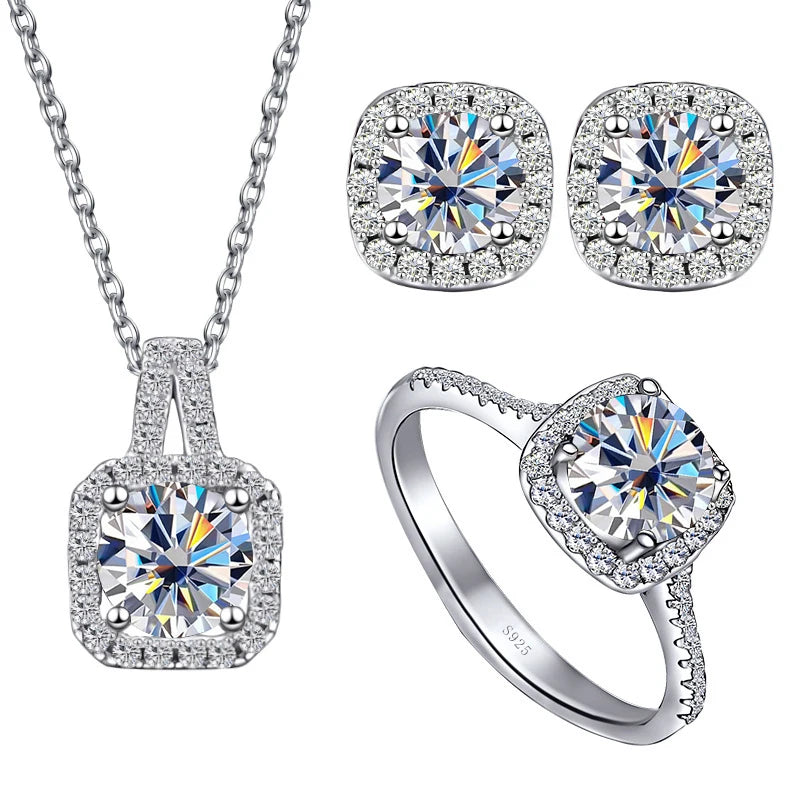 Colored Cushion Halo Moissanite Necklace, Earrings & Ring Set — White design example