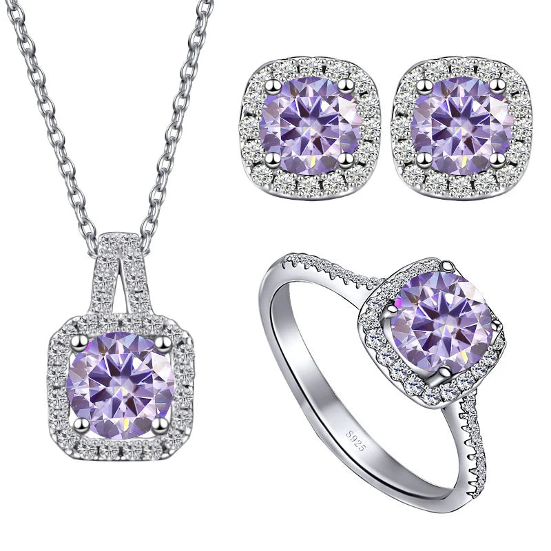 Colored Cushion Halo Moissanite Necklace, Earrings & Ring Set — Light purple set