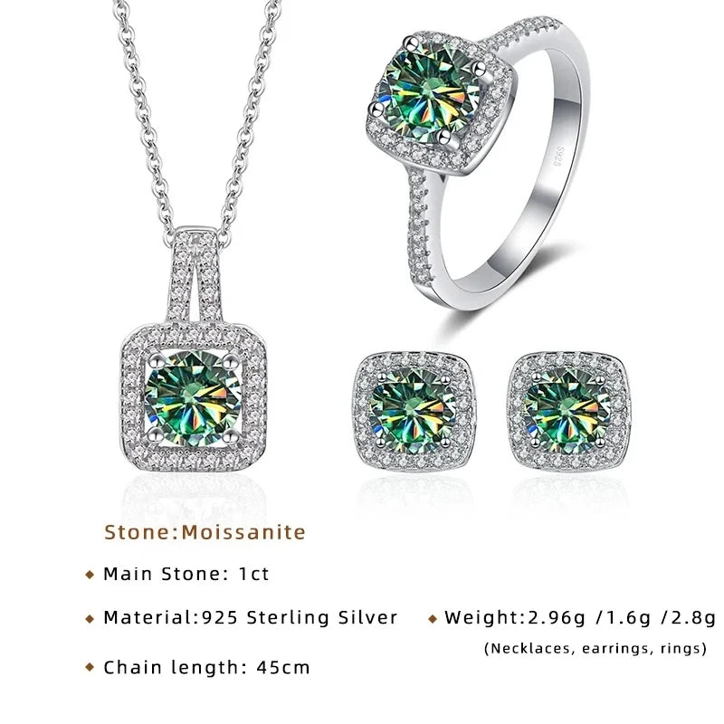 Colored Cushion Halo Moissanite Necklace, Earrings & Ring Set — Set dimensions