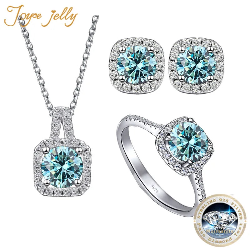 Colored Cushion Halo Moissanite Necklace, Earrings & Ring Set — Blue set