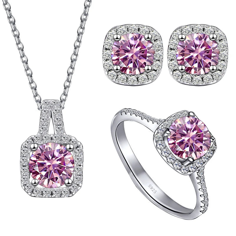 Colored Cushion Halo Moissanite Necklace, Earrings & Ring Set — Pink set