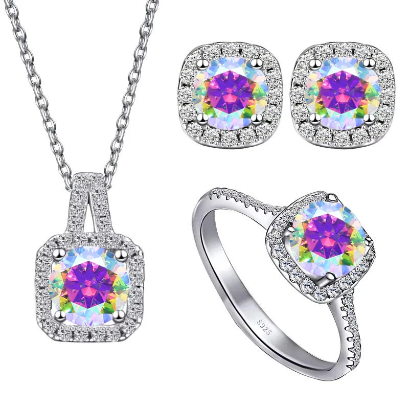 Colored Cushion Halo Moissanite Necklace, Earrings & Ring Set — Multicolor AB set