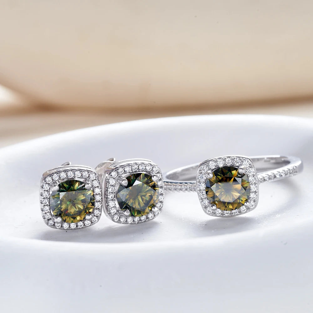 Colored Cushion Halo Moissanite Necklace, Earrings & Ring Set — Yellow green detail