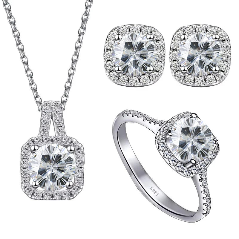 Colored Cushion Halo Moissanite Necklace, Earrings & Ring Set — White cut example