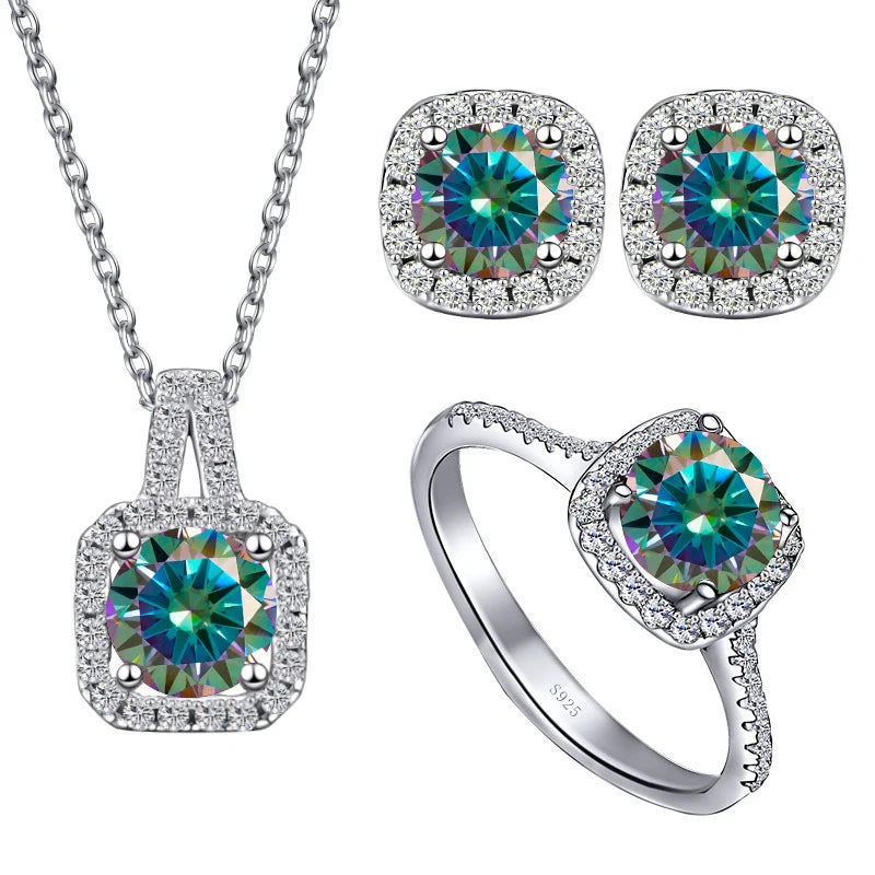 Colored Cushion Halo Moissanite Necklace, Earrings & Ring Set — Multicolor green set