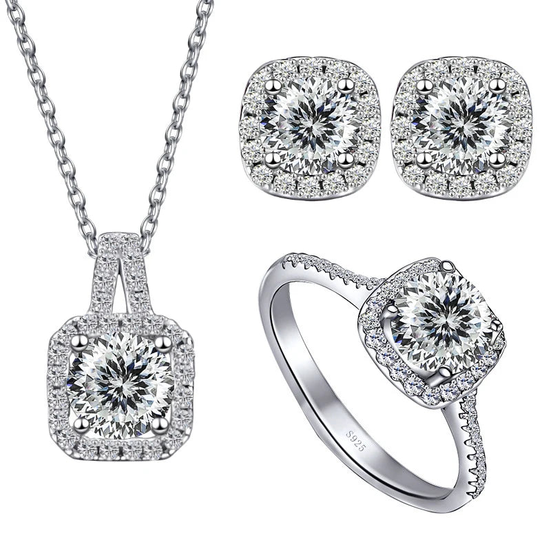 Colored Cushion Halo Moissanite Necklace, Earrings & Ring Set — White 100-facet cut set