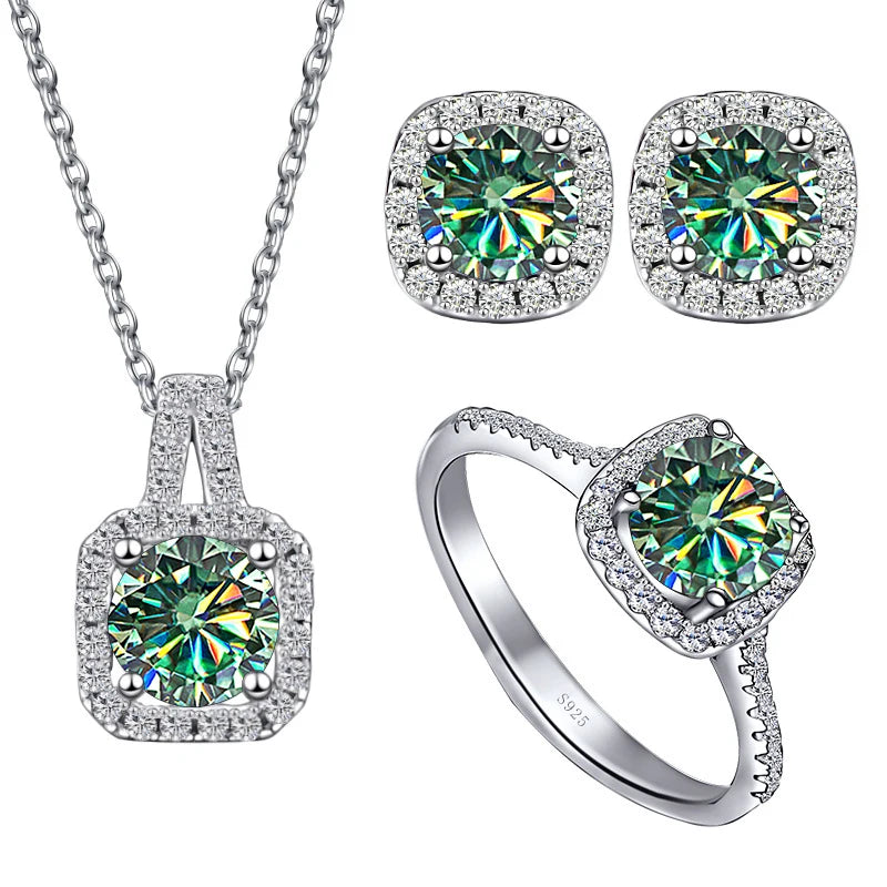 Colored Cushion Halo Moissanite Necklace, Earrings & Ring Set — Blue green set