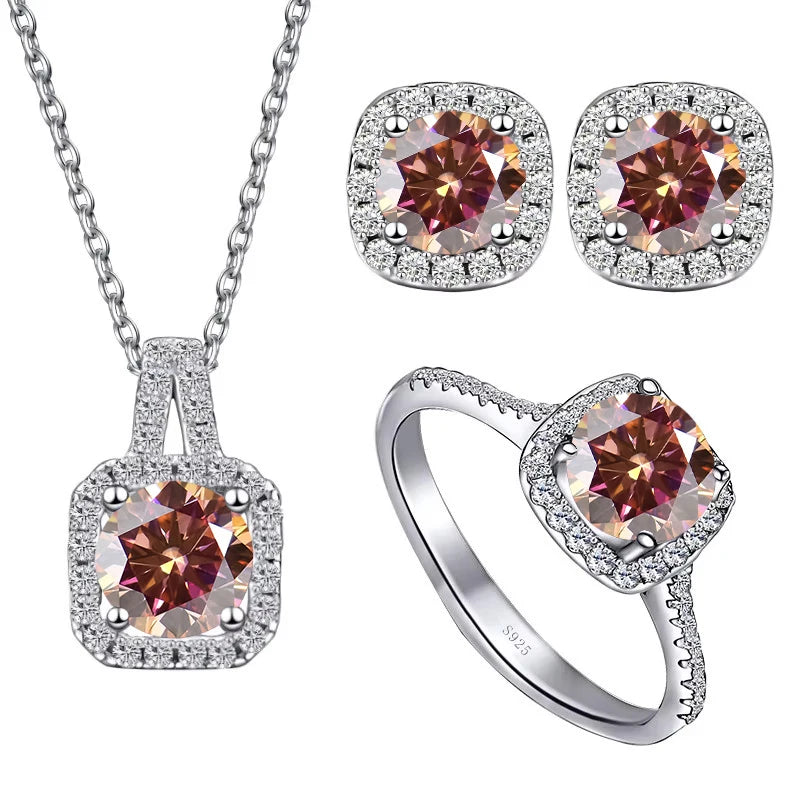 Colored Cushion Halo Moissanite Necklace, Earrings & Ring Set — Orange red set