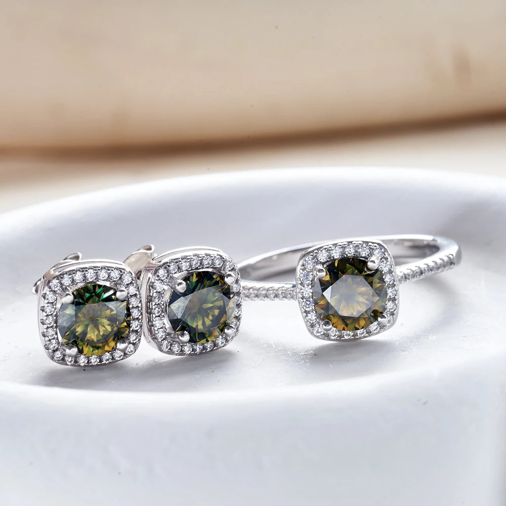 Colored Cushion Halo Moissanite Necklace, Earrings & Ring Set — Yellow green earrings and ring
