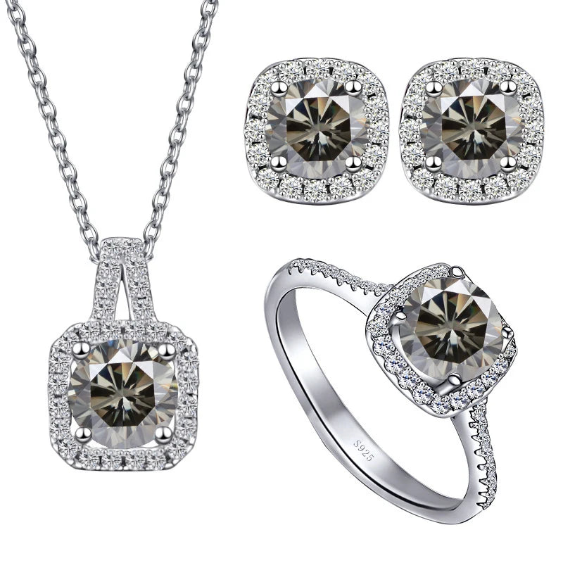 Colored Cushion Halo Moissanite Necklace, Earrings & Ring Set — Gray set