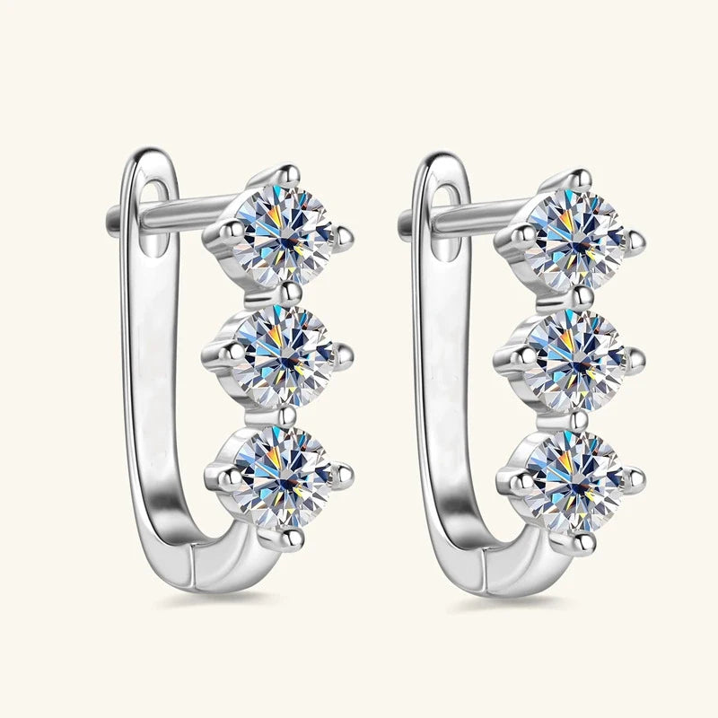 Three-Stone Moissanite Leverback Hoops in Sterling Silver — Silver option