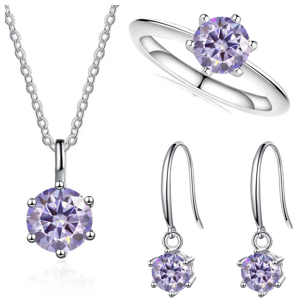 Colored Moissanite Necklace, Hook Earrings & Ring Set — Purple set