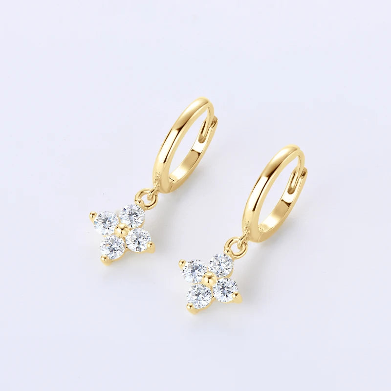 Clover Moissanite Hoop Drop Earrings in Sterling Silver — Gold-Tone floral drops