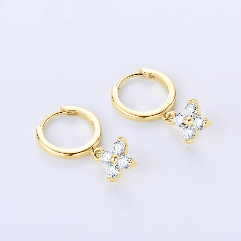 Clover Moissanite Hoop Drop Earrings in Sterling Silver — Gold-Tone hoops laid flat