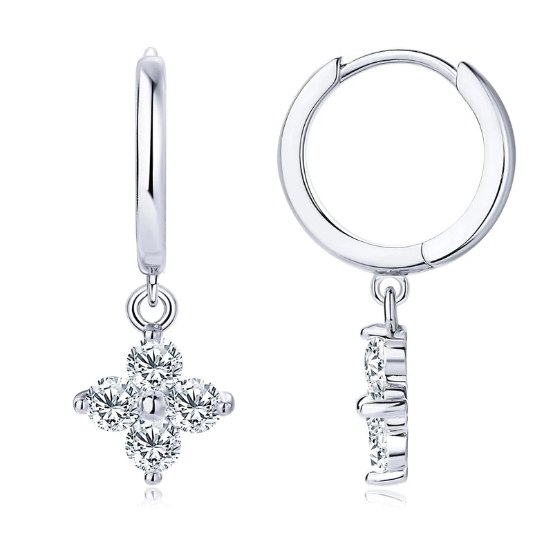 Clover Moissanite Hoop Drop Earrings in Sterling Silver — Silver front and side