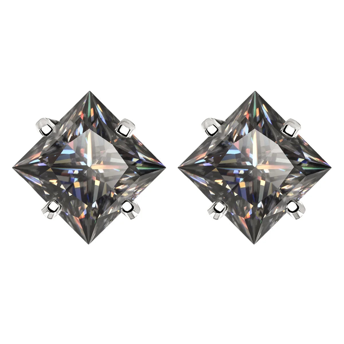 Colorful Princess-Cut Moissanite Stud Earrings in Sterling Silver — Gray / Silver