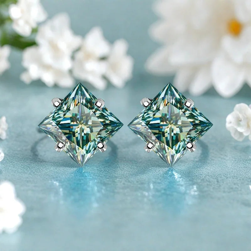 Colorful Princess-Cut Moissanite Stud Earrings in Sterling Silver — Green square stud pair