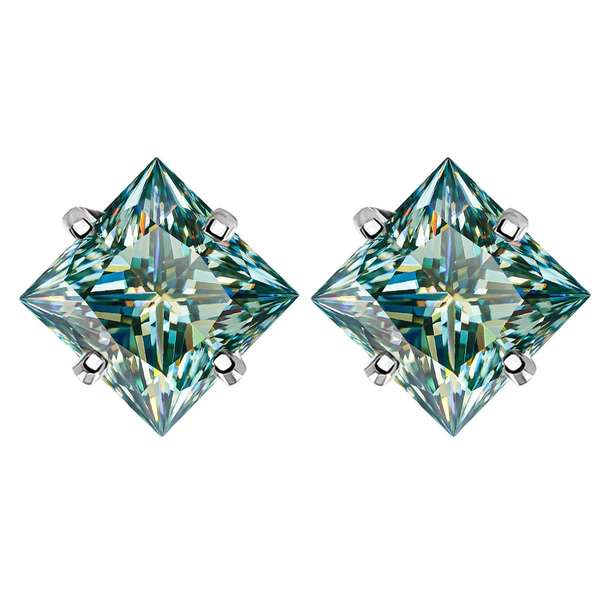 Colorful Princess-Cut Moissanite Stud Earrings in Sterling Silver — Green / Silver