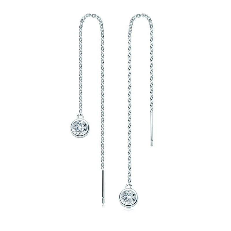 Moissanite Bezel Chain Threader Earrings in Sterling Silver — Silver chain threader pair