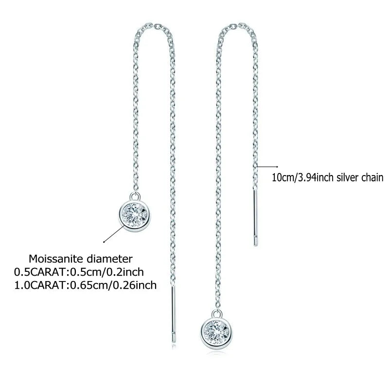 Moissanite Bezel Chain Threader Earrings in Sterling Silver — 10cm chain length and stone size reference