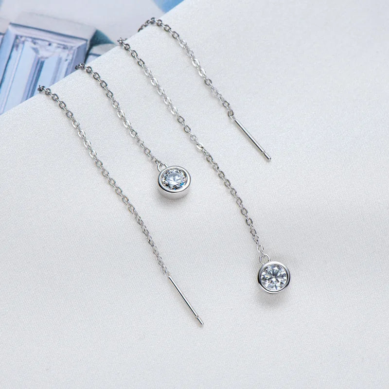 Moissanite Bezel Chain Threader Earrings in Sterling Silver — Bezel drops and straight threader ends
