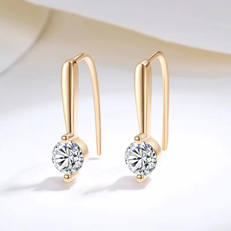 Round Moissanite Long-Hook Drop Earrings in Sterling Silver - Gold-tone hook pair