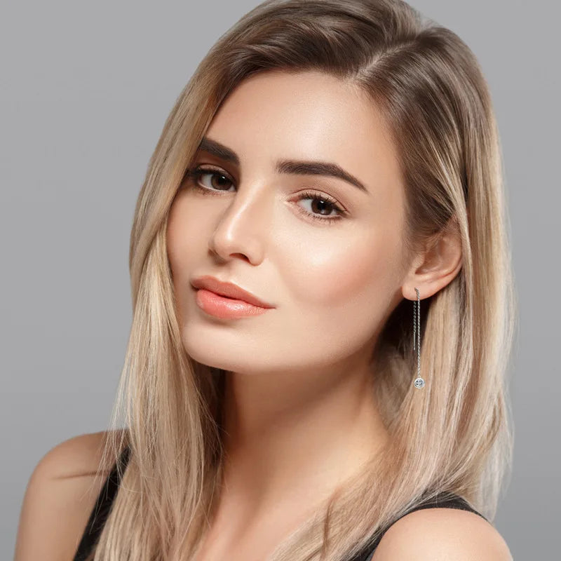 Moissanite Bezel Chain Threader Earrings in Sterling Silver — Chain earrings styled on the ear