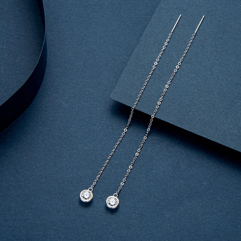 Moissanite Bezel Chain Threader Earrings in Sterling Silver — Long chain threaders