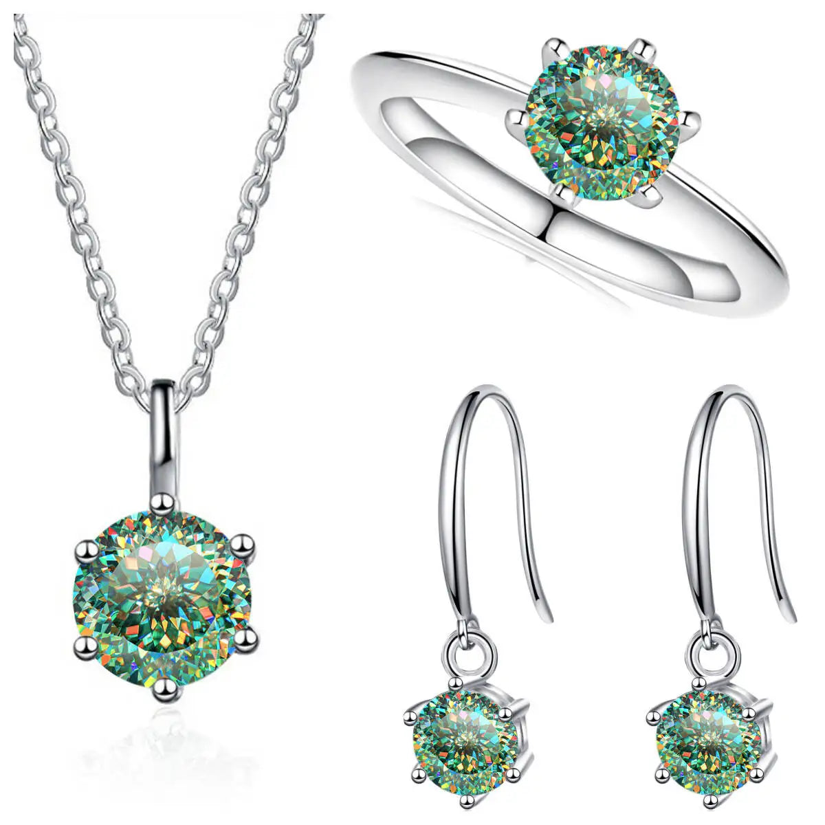 Colored Moissanite Necklace, Hook Earrings & Ring Set — Green 100 Cut set