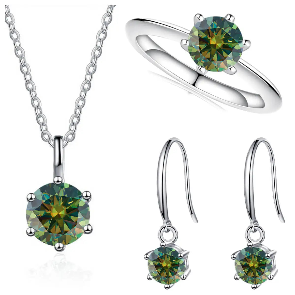 Colored Moissanite Necklace, Hook Earrings & Ring Set — Dark green set