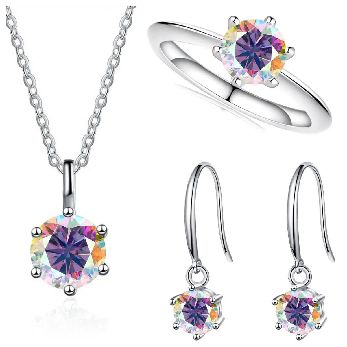 Colored Moissanite Necklace, Hook Earrings & Ring Set — Multicolor set