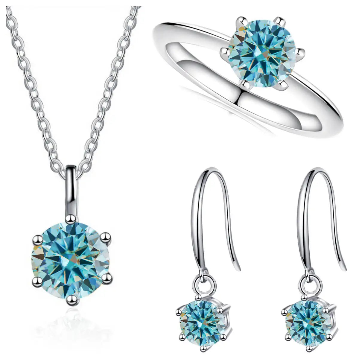 Colored Moissanite Necklace, Hook Earrings & Ring Set — Blue set