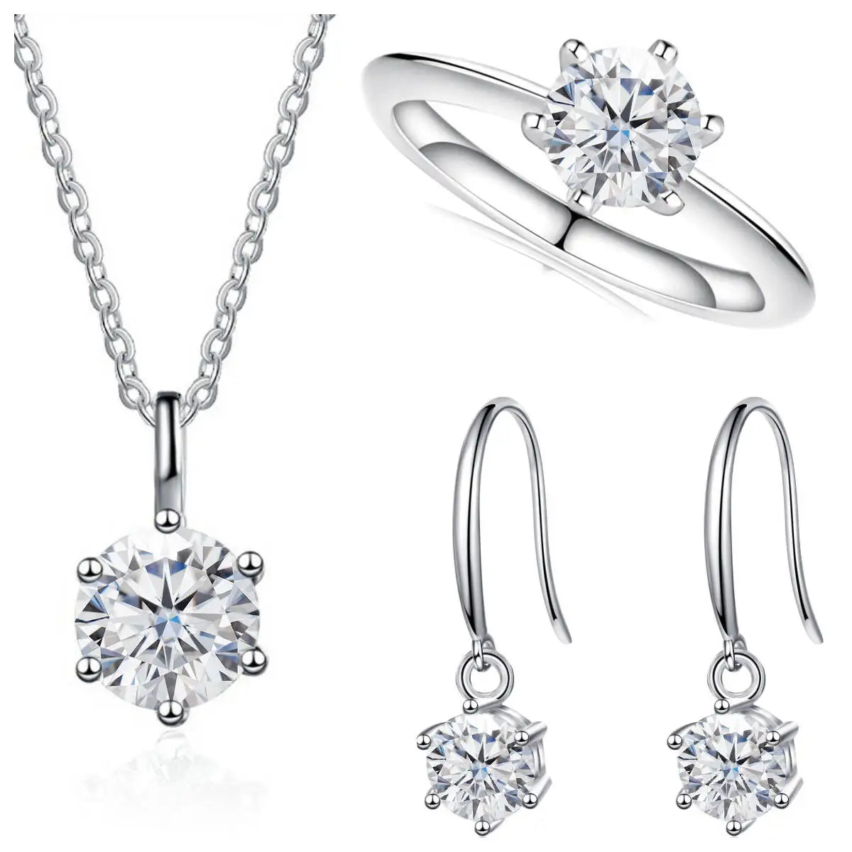 Colored Moissanite Necklace, Hook Earrings & Ring Set — White set