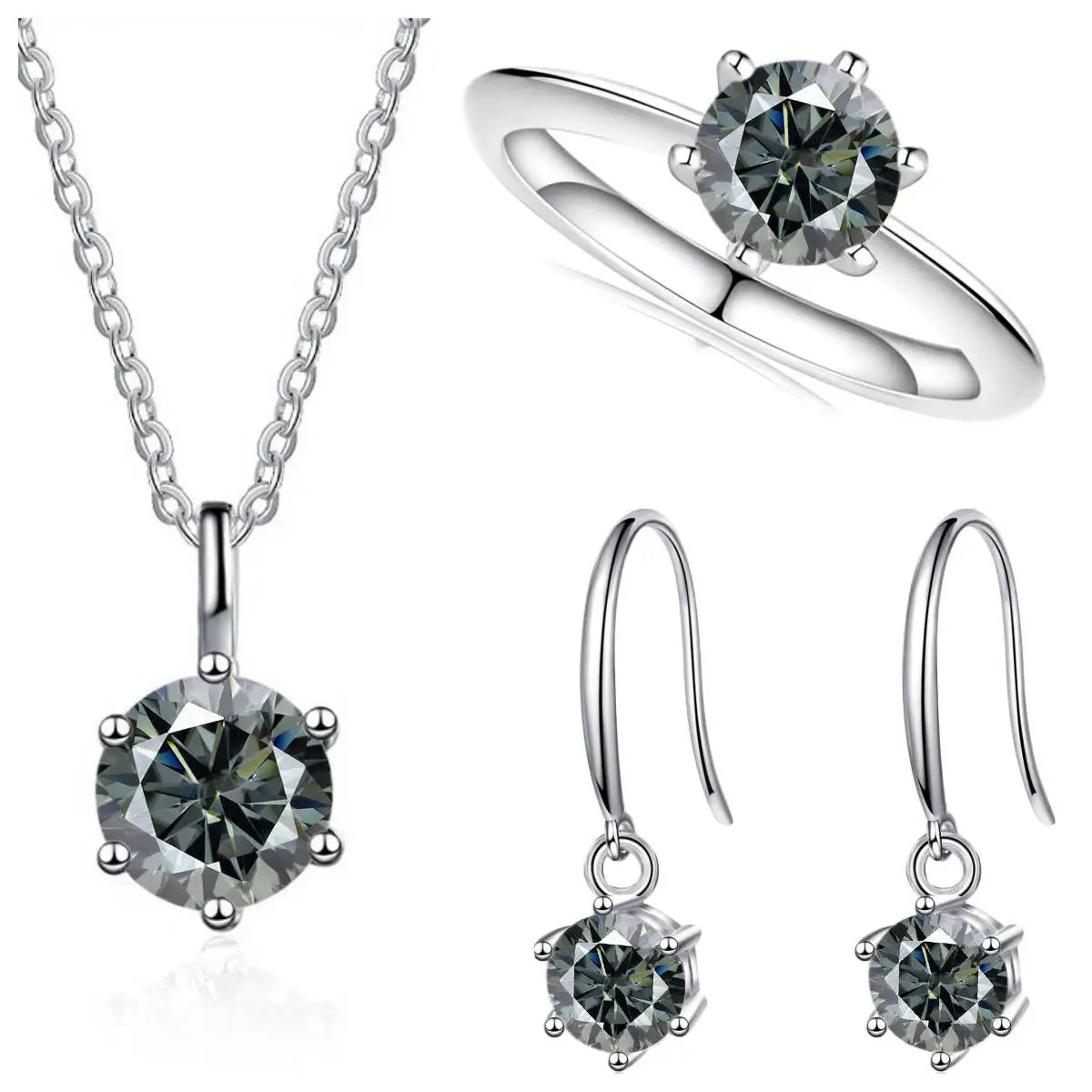 Colored Moissanite Necklace, Hook Earrings & Ring Set — Gray set