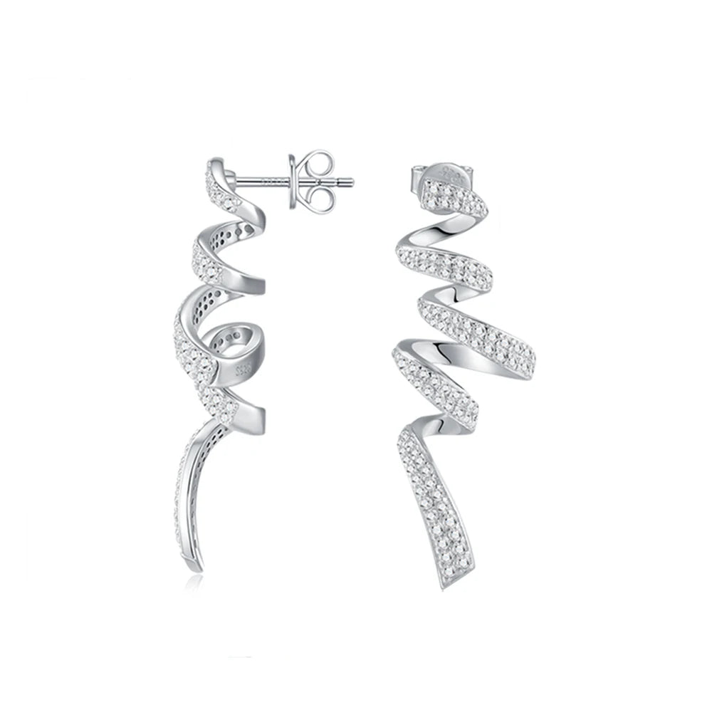 Twisted Spiral Moissanite Drop Earrings in Sterling Silver — Spiral pair and butterfly backs