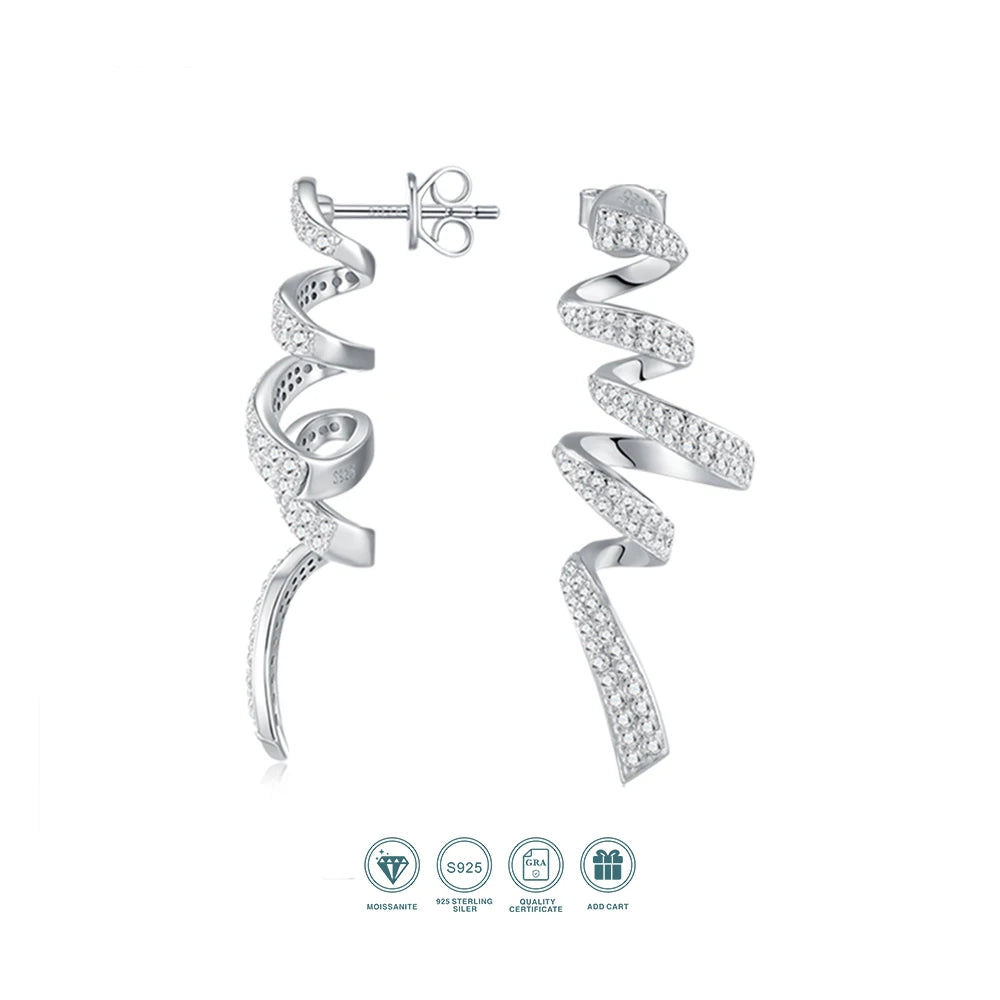 Twisted Spiral Moissanite Drop Earrings in Sterling Silver — Spiral ribbon front and side