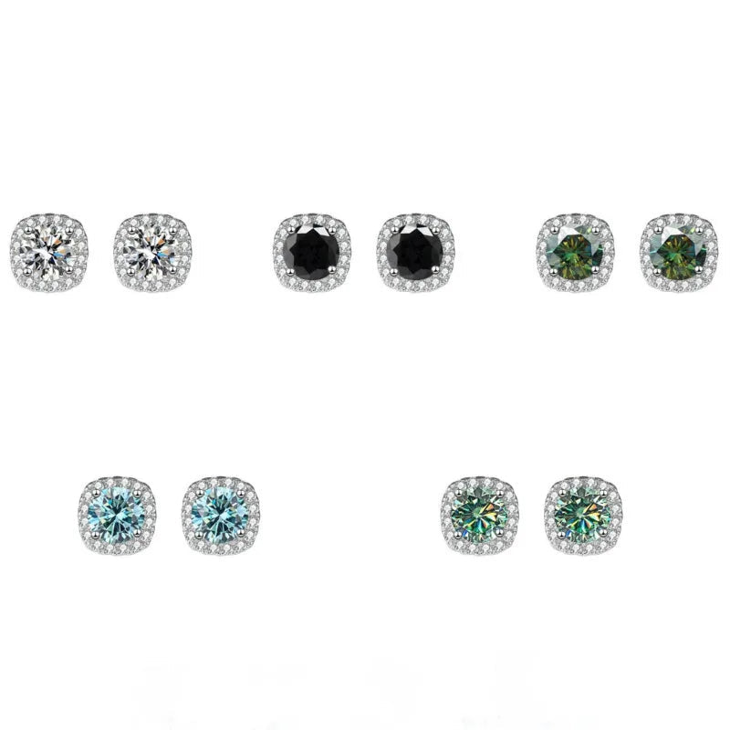 Colored Cushion Halo Moissanite Stud Earrings in Silver - Five stone color options