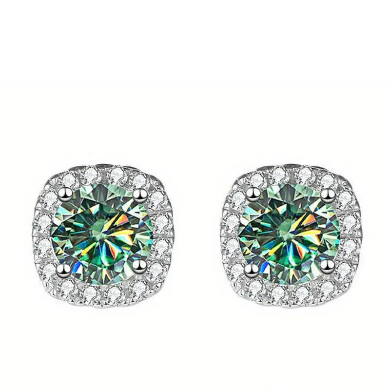 Colored Cushion Halo Moissanite Stud Earrings in Silver - Blue green centers