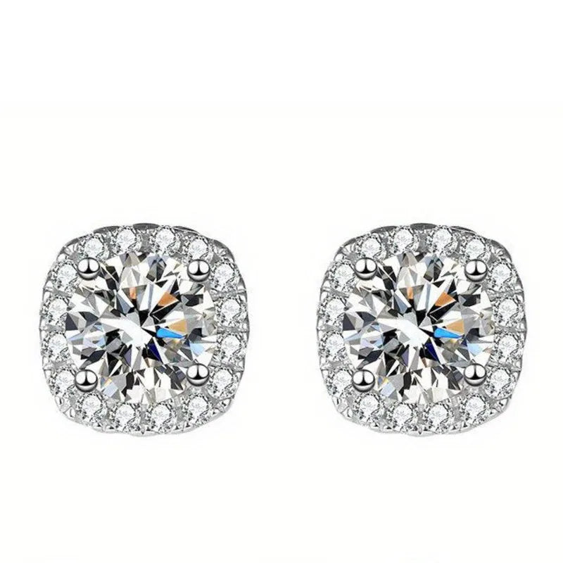 Colored Cushion Halo Moissanite Stud Earrings in Silver - White centers