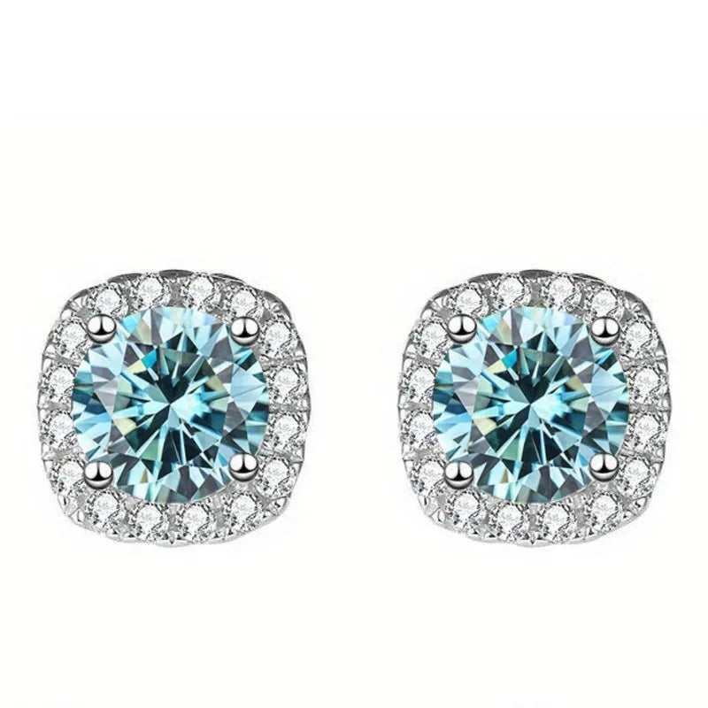 Colored Cushion Halo Moissanite Stud Earrings in Silver - Blue centers