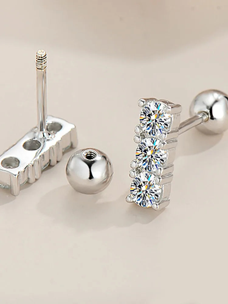 Three-Stone Moissanite Bar Stud Earrings in Sterling Silver — Threaded post and removable ball back