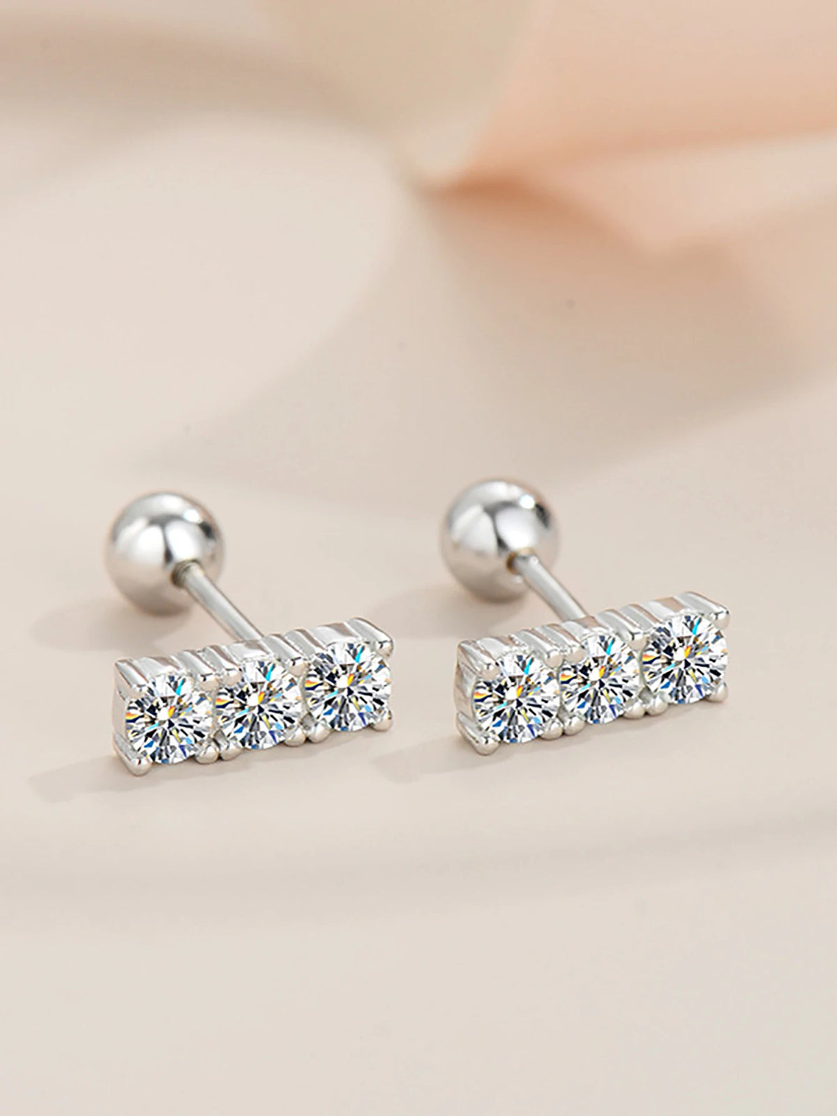 Three-Stone Moissanite Bar Stud Earrings in Sterling Silver — Silver three-stone bars