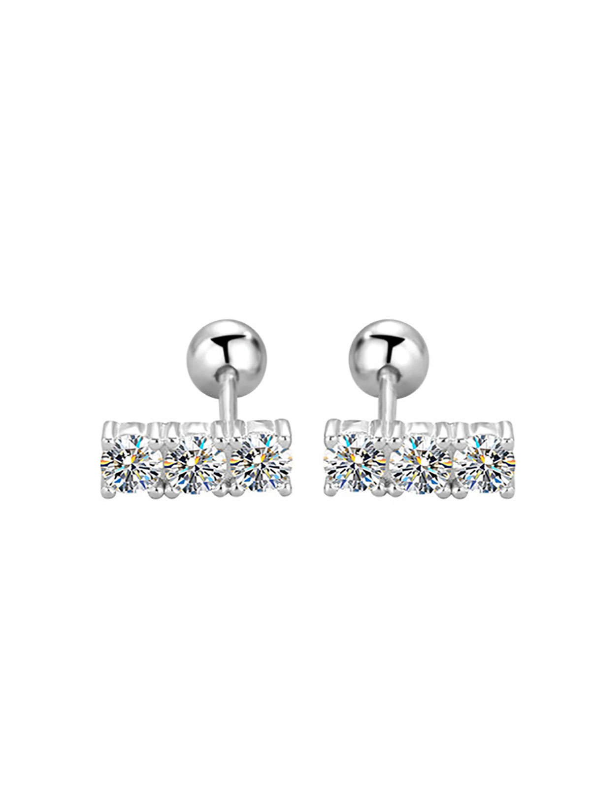 Three-Stone Moissanite Bar Stud Earrings in Sterling Silver — Straight row stone detail