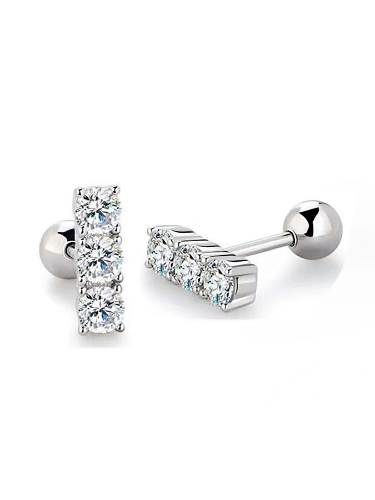 Three-Stone Moissanite Bar Stud Earrings in Sterling Silver — Bar studs, front and side