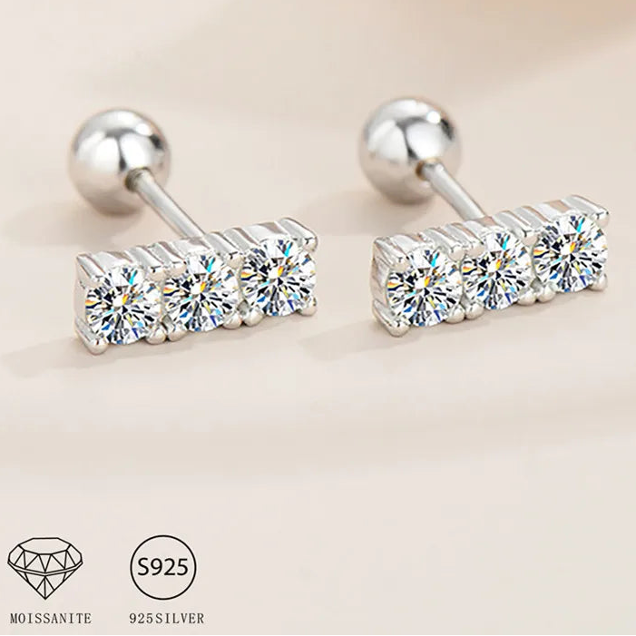 Three-Stone Moissanite Bar Stud Earrings in Sterling Silver — Three-stone bars and ball backs