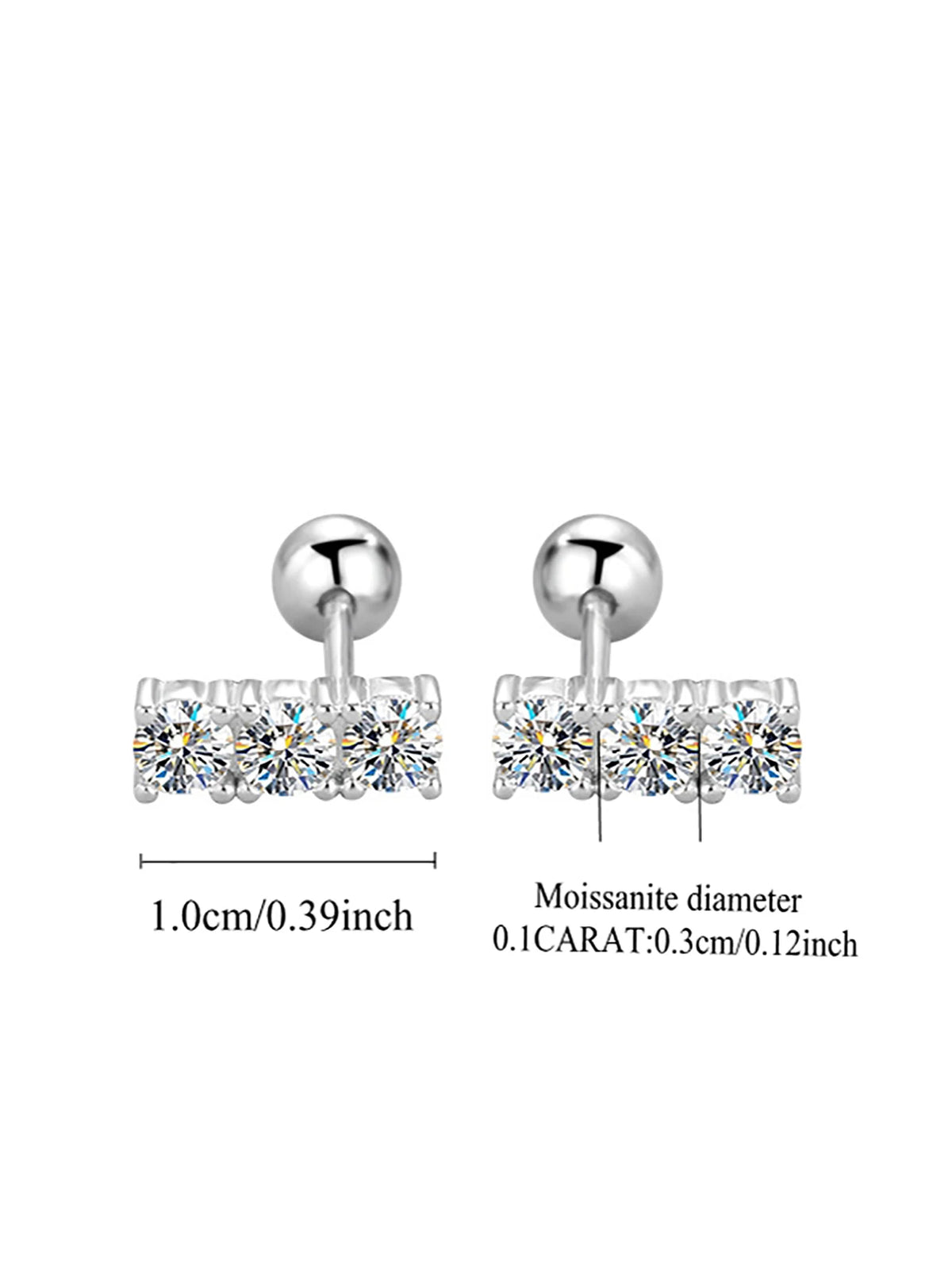 Three-Stone Moissanite Bar Stud Earrings in Sterling Silver — 10mm bar and 3mm stone dimensions