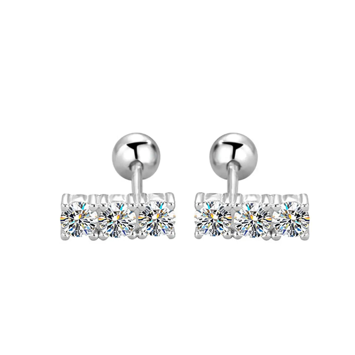 Three-Stone Moissanite Bar Stud Earrings in Sterling Silver — Silver bar stud pair