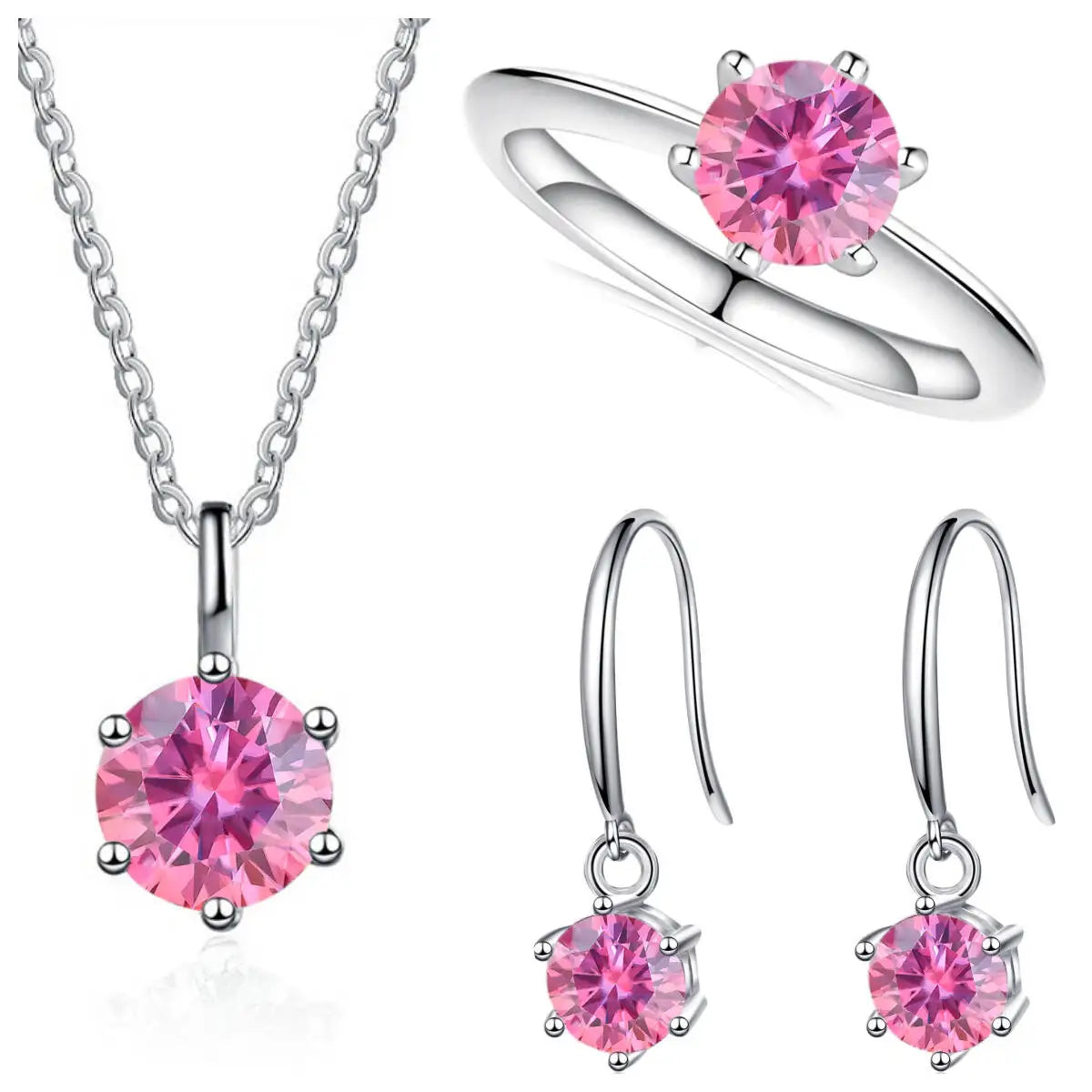 Colored Moissanite Necklace, Hook Earrings & Ring Set — Pink set