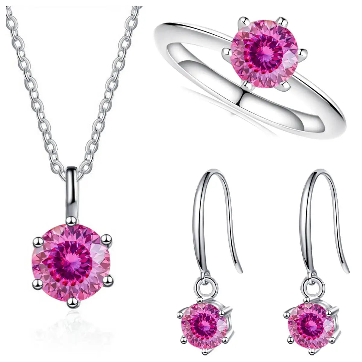 Colored Moissanite Necklace, Hook Earrings & Ring Set — Pink alternate cut set